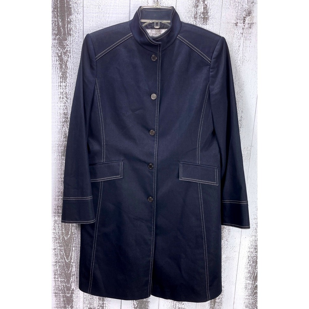Tahari Arthur S Levine Petite 6P Navy Jacket Women's Long Coat Contrast Stitch‎
